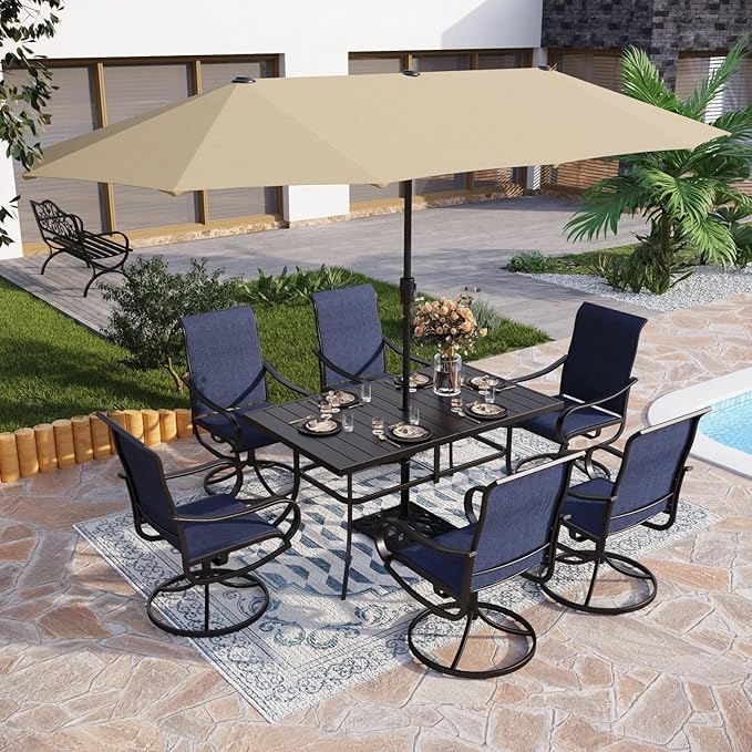 PHI VILLA 8 Piece Patio Dining Set with 13ft Patio Umbrella (Beige), 6 Outdoor Swivel Dining Chairs & 1 Large Metal Dining Table with 1.57" Umbrella Hole, for Lawn Garden Backyard