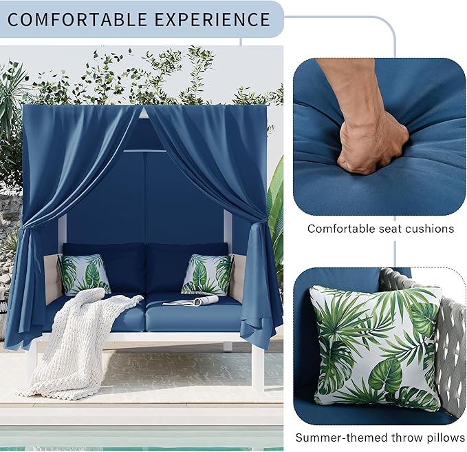 Merax Outdoor Patio Daybed with Soft Thick Cushions, Two Pillows and Curtains, Double Chaise Lounge Sunbed with Rubber Core Rope Backrest for Outside Pool, Garden, Backyard, Lawn, Blue