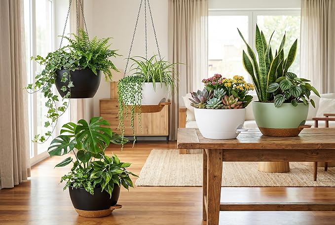Hanging Planters, 3-Pack 10 Inch Self-Watering Pots with Drainage Holes and Chains, Matte Plastic Planters for Indoor/Outdoor Plant（Black）