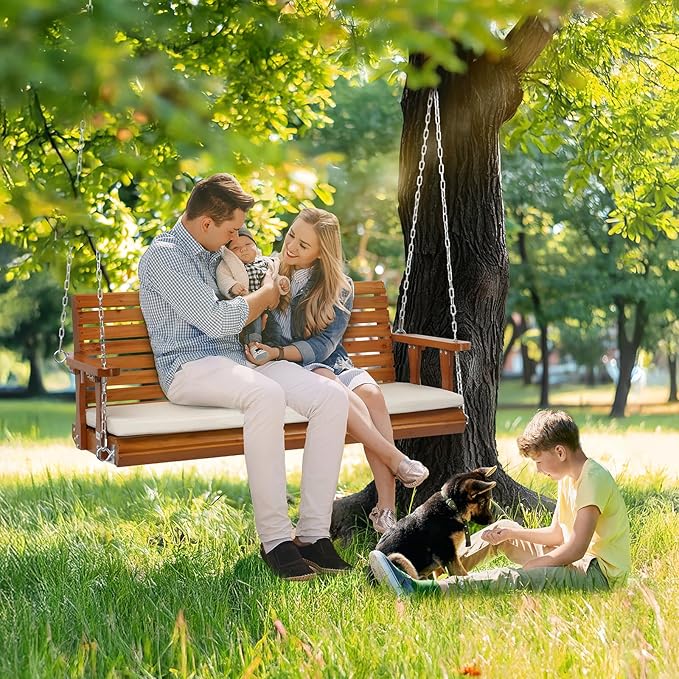 VINGLI Wooden Porch Swing, Heavy Duty 880 LBS Hanging Patio Bench with Extra Cushion for Lawn| Garden| Courtyard (Brown, 5 feet)