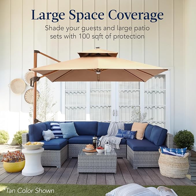 Best Choice Products 10ft Square Cantilever Patio Umbrella w/Base Included, Woodgrain Pattern Pole & Solar LED Lights, 360-Rotation, Offset Hanging Outdoor Shade - Cerulean