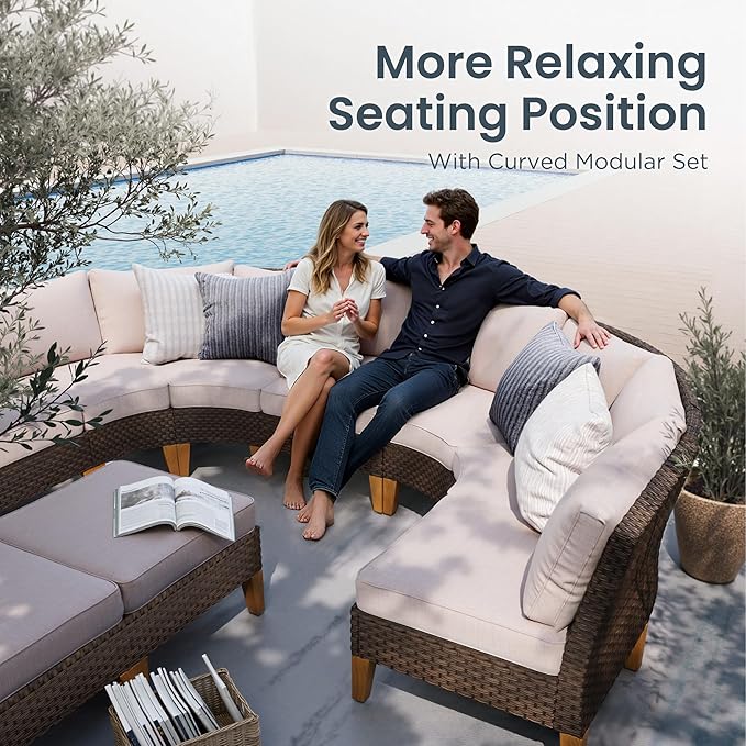 PHI VILLA 7-Piece Half Moon Patio Furniture Set with 56" Fire Pit Table, Outdoor Wicker Sectional Sofa with Thick Beige Cushions, Large Curved Conversation Seating for Garden or Backyard