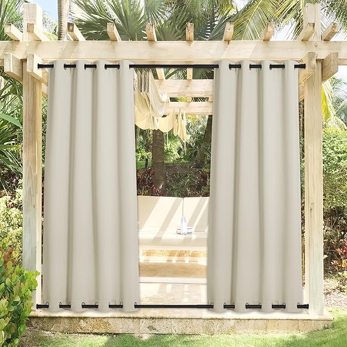 NICETOWN 2 Panels Weighted Blackout Curtains Waterproof & Windproof, Thermal Insulated Room Darkening Top & Bottom Grommet Fixed Drapes Keep Privacy for Cabana/Porch, Beige, W52 x L84