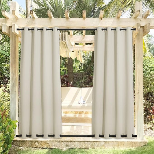 NICETOWN 2 Panels Weighted Blackout Curtains Waterproof & Windproof, Thermal Insulated Room Darkening Top & Bottom Grommet Fixed Drapes Keep Privacy for Cabana/Porch, Beige, W52 x L84