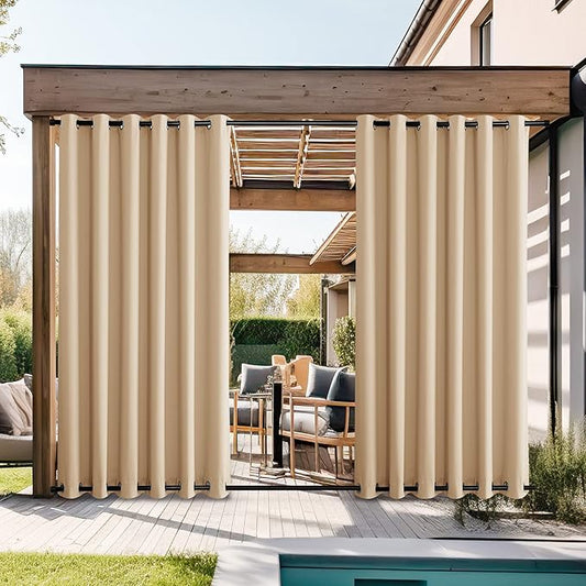NICETOWN 2 Panels Waterproof Patio Outdoor Curtains & Drapes, Windproof Thermal Insulated Top and Bottom Grommet Keep Sun & Rain Blackout Outdoor Drapes for Porch/Pergola, Biscotti Beige, W84 x L95