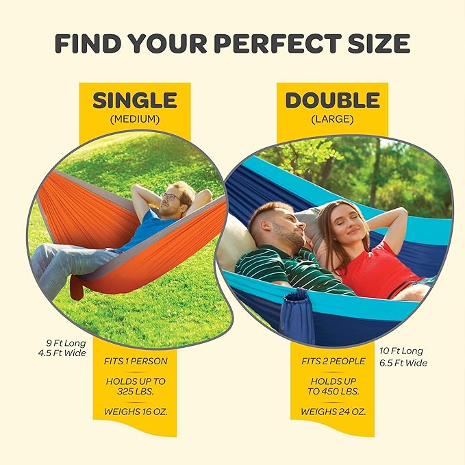 Durable Hammock 550 lb Capacity, Nylon Camping Hammock Chair - Double or Single Sizes w/Tree Straps and Attached Carry Bag - Portable for Travel/Backpacking/Beach/Backyard (X-Large, Blue & Light Blue)