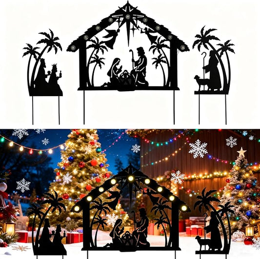 3Pack Lighted Metal Nativity Scene Garden Stake,Solar Christmas Decorations Outdoor,Silhouette Nativity Set Outside for Yard Decor