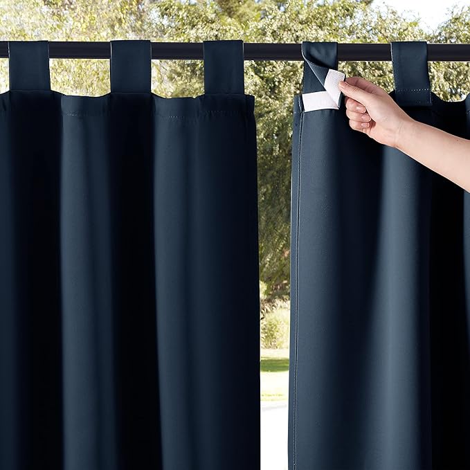 NICETOWN 2 Pieces Blackout Outdoor Curtainss for Patio Waterproof, Detachable Sticky Tab Top Thermal Insulated Outdoor Indoor Drapes Privacy Blinds for Pergola, W52 x L120, Navy Blue