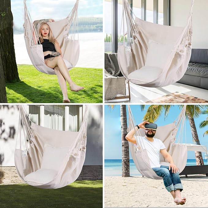 Goutime Hammock Chair, Boho Hanging Rope Ceiling Swing, Macrame Hanging Swinging Chair for Indoor,Outdoor,Bedroom,Outside,Garden,Balcony,Yard,Deck,Max 330 Lbs,Beige