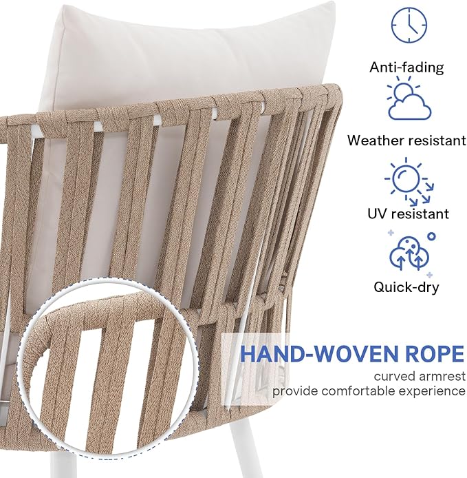SUNSITT 5 Piece Outdoor Dining Set, Metal Patio Furniture Dining Set with Acacia Wood Top Dining Table and 4 Woven Rope Patio Chairs w/Cushions for Yard, Garden, White
