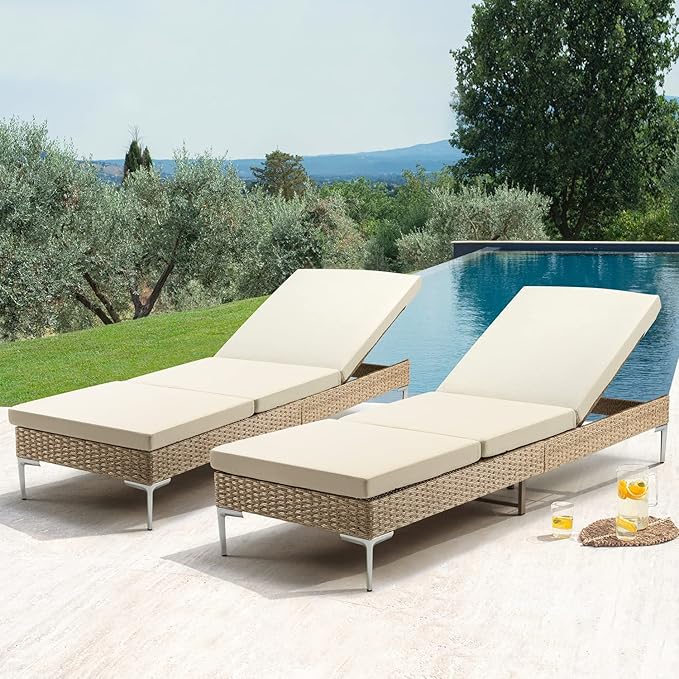 HOMREST Outdoor Chaise Lounge Chair Set of 6, Patio Wicker Lounge Chair with Adjustable Backrest, Rattan Pool Recliner with Removable Cushion Suitable for Outside Khaki