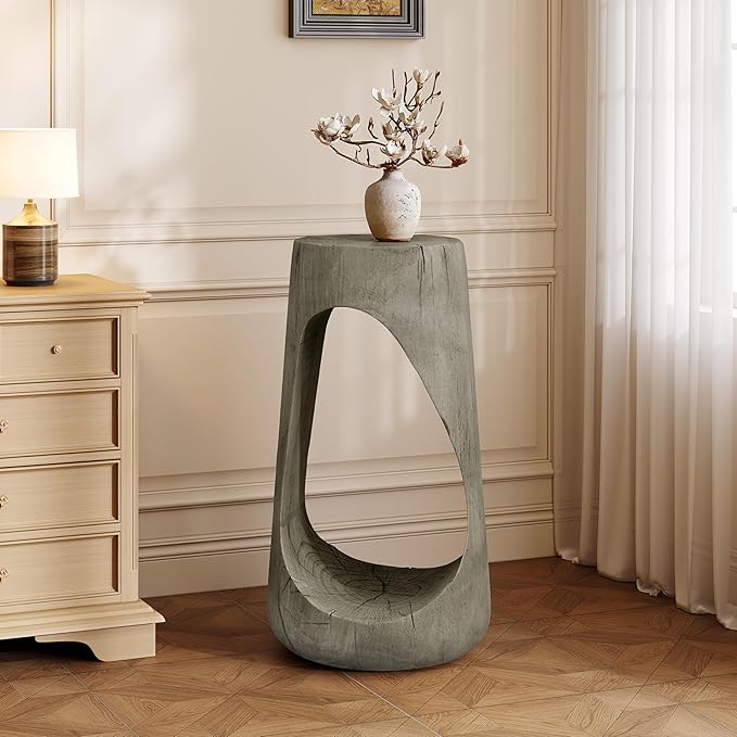 Christopher Knight Home Novi 26.57" H Lightweight Concrete Outdoor Side Table, Hollow Round-Shaped Patio End Table, MGO Outdoor Coffee Table, Garden Plant Stand Indoor, Wood-Like Texture, Gray