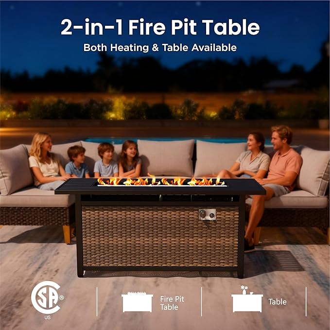 PHI VILLA Half-Moon Patio Furniture Set with 56" Fire Pit Table, Wicker Outdoor Curved Sectional Sofa with Cushions, Ottomans, Single Seats, Large Conversation Seating for Garden or Backyard, Beige