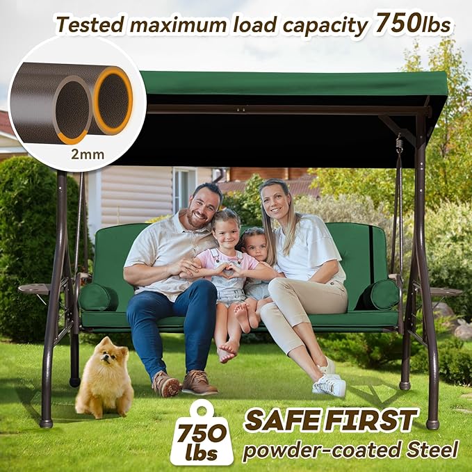 3 in 1 Patio Swing with Adjustable Canopy for Adults, 3 Seat Outdoor Swing with Thickened Cushions,Pillows & Cup Holders for Backyard, Porch, Garden (Green)