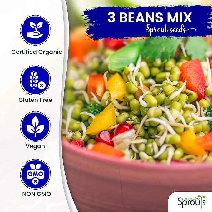 Nature Jim's Sprouts 3-Bean Seed Mix - Organic Green Peas, Lentils & Adzuki Beans for Planting - Non-GMO Microgreen Sprout Seeds, Fast Sprouting, High in Fiber, Protein, Nutrients & Vitamins - 16 Oz
