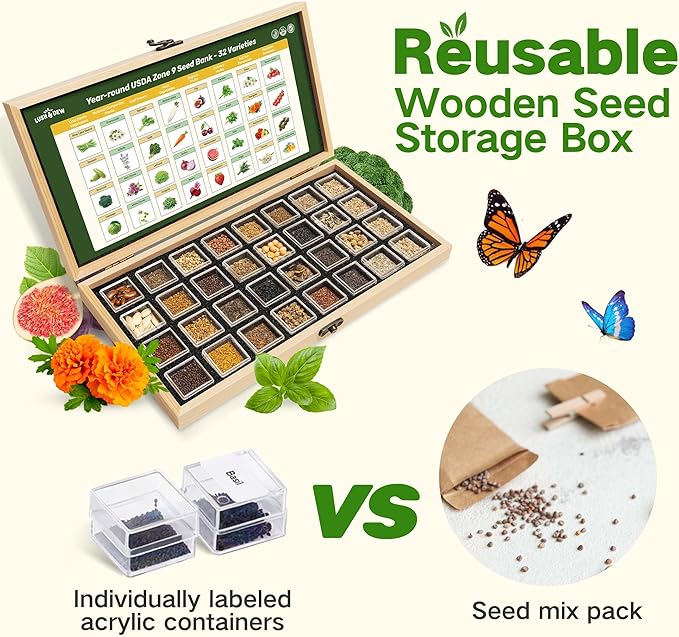 Lush&Dew Year-Round USDA Zone 9 Seed Bank, Gardening Gifts for Women Men, 32 Varieties Non-GMO Heirloom Seeds of Vegetables Herbs Fruits, Gift for Mom Dad, Survival Seed Kit for Raised Garden Beds
