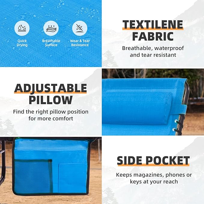 Folding Chaise Lounge Chair Bed - Heavy-Duty 400lb Capacity Portable Adjustable Recliner w/Pillow for Patio, Pool, Camping, Sunbathing - Lay Flat Design (Blue)
