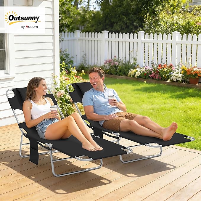 Outsunny Chaise Lounge Chair Outdoor Set of 2 with Face Arm Hole, 5-Position Reclining Face Down Tanning Chair with Carry Strap, Side Pocket, Portable Folding Bed Cot for Patio Beach Pool, Black