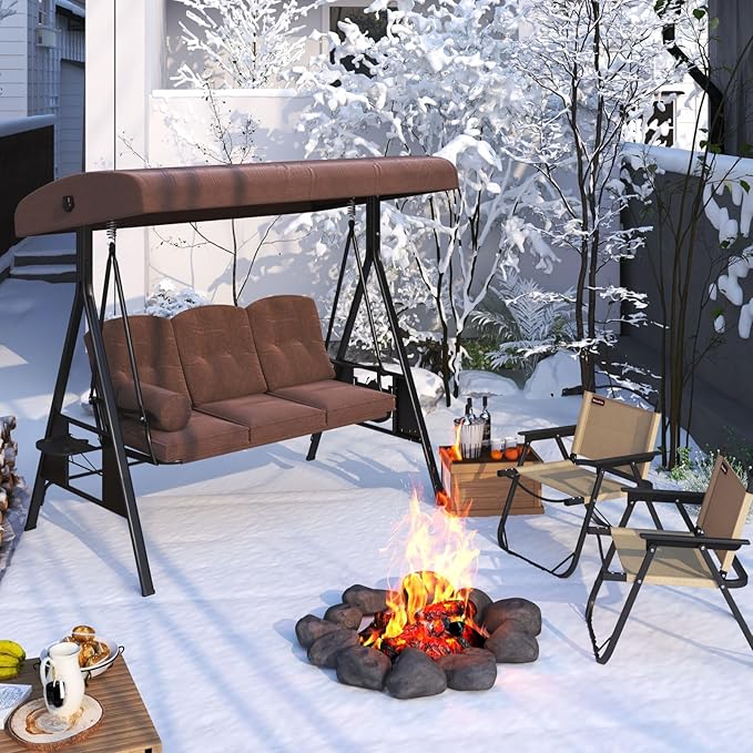 AECOJOY Outdoor Porch Swing, 3-Seat Porch Swing with Adjustable Canopy, Outdoor Swings for Adult with Brown Removable Cushions for Backyard, Garden, Yard, Poolside, Balcony