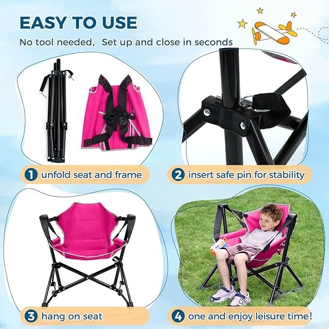 Kids Hammock Chair,Adjustable Kids Camping Chair,Folding Chair with Stand,Portable Hammock Chair for Camping, Travelling and Patio,Green,Supports 135 LBS (Pink)