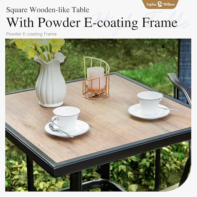 Sophia & William Outdoor Bar Set, Patio Bar Table and Chairs Set, Bar Height Patio Set - 2 x Swivel Bar Chairs(Blue), 1 x Square Bar Table(Wood-Like)