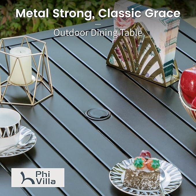 PHI VILLA 5 Piece Outdoor Dining Set with 10ft Umbrella, 37" Square Metal Dining Table & 4 Stacking Metal Chair with 3 Tier Beige Umbrella for Patio, Deck, Yard, Porch