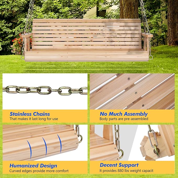 VINGLI Upgraded Patio Wooden Porch Swing for Courtyard & Garden, Heavy Duty 880 LBS Swing Chair Bench with Hanging Chains for Outdoors (Natural, 5 FT)