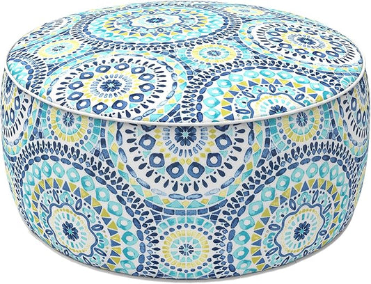 LVTXIII Indoor/Outdoor Inflatable Ottoman with Handle D21 x H9 Inch, Weather-Resistant Round Footstool Pouf for Patio Camping Living Room, Portable Footrest Extra Seating, Delancey Lagoon