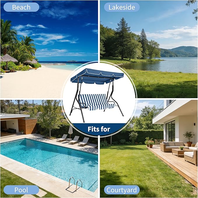 Outdoor Porch Swing Chair with Adjustable Canopy & Striped Seat Cushion for Adults 3-Seat Patio Glider Bench with Thick Cushions Steel Frame Outdoor Swing Chair for Backyard Lawn Garden Blue