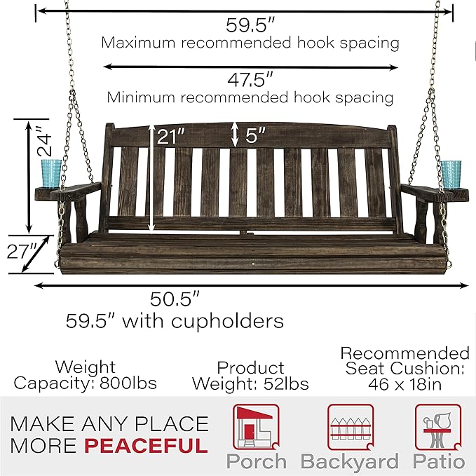 Amish Casual Heavy Duty 800 Lb Mission Treated Porch Swing with Hanging Chains and Cupholders (4 Foot, Dark Walnut Stain)
