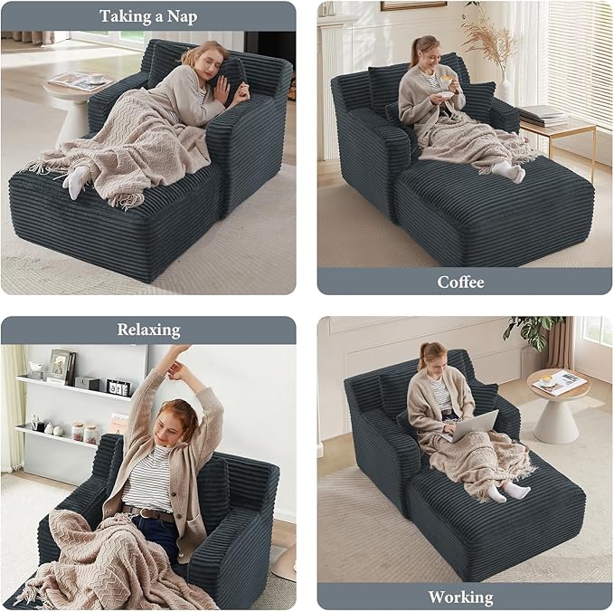 65.4" Chaise Lounge Chair Indoor, Oversized Boneless Couch Comfy Upholstered Sleeper Sofa Bed with 3 Pillows, Corduroy Cloud Reading Chair for Living Room No Assembly Required, Dark Grey