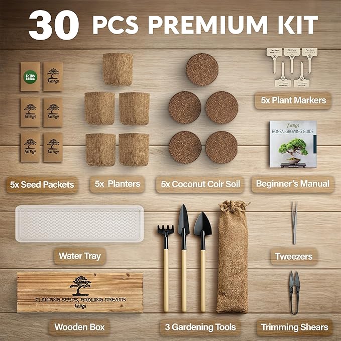 Bonsai Tree Kit for Beginners – 5X Unique Japanese Bonzai Trees, Complete Indoor Bonsai Starter Kit for Growing Bonsai Plants w/Tools & Planters – DIY Christmas Gardening Gifts for Mom
