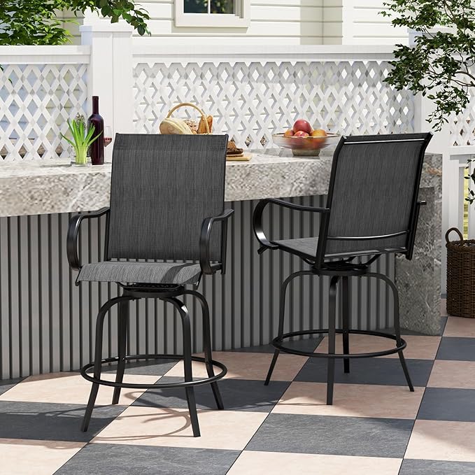 Giantex Set of 2 Swivel Outdoor Bar Stools, All-Weather Bar Height Patio Chairs, 330LBS Capacity, 360 Rotating Outside Bar Chairs with High Back Armrests, for Porch Yard Lawn Garden Pool (Black)