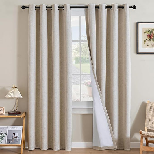 H.VERSAILTEXLinen-Polyester Curtains 100%Blackout Curtains for Bedroom 96"Long Full Light Blocking Nature Linen-Polyester Blended Window Curtains for LivingRoomNickel Grommet(2Panels,HeatheredNatural)