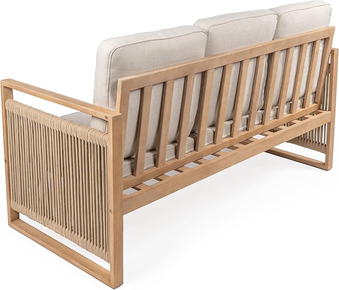 JONATHAN Y SFB1002A Gable 3-Seat Mid-Century Modern Roped Acacia Wood Outdoor Sofa with Cushions Scandinavian, Classic, Transitional, Industrial for Backyard, Patio, Porch, Beige/Light Teak