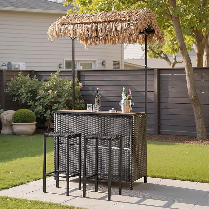 Outdoor Tiki Bar Set - 3 Pieces Wicker Patio Bar Height Set with Palapa Top and 2 Stools, All-Weather Patio Bar Set with Storage Shelves & Wine Glass Rack for Garden Patio Backyard Brown