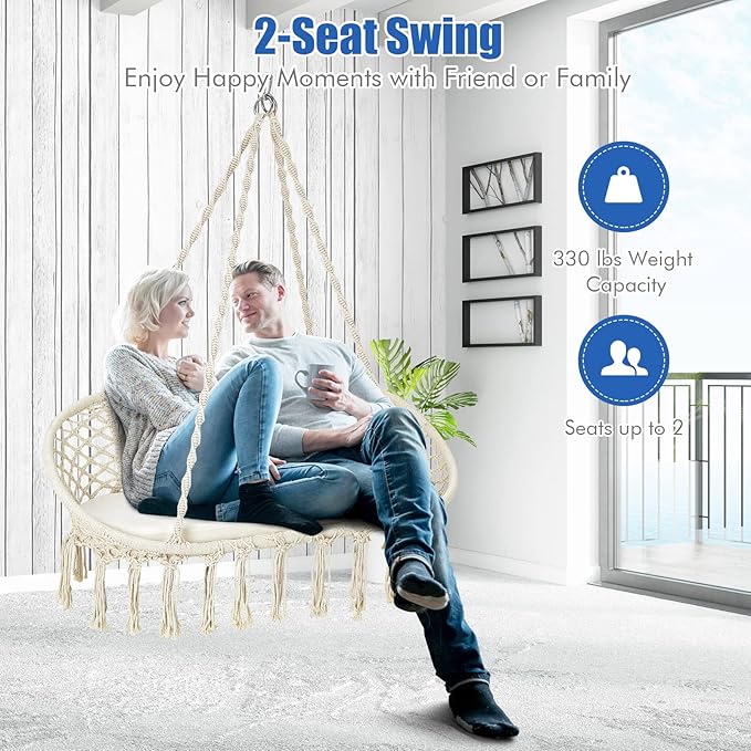 Giantex Hammock Chair 2 Seat, Macrame Hanging Chair with Cushion, Hanging Cotton Ropes, Metal Frame, 440 lbs Capacity Indoor Swing for Hammock Stand, Patio, Balcony, Living Room Hammock Swing