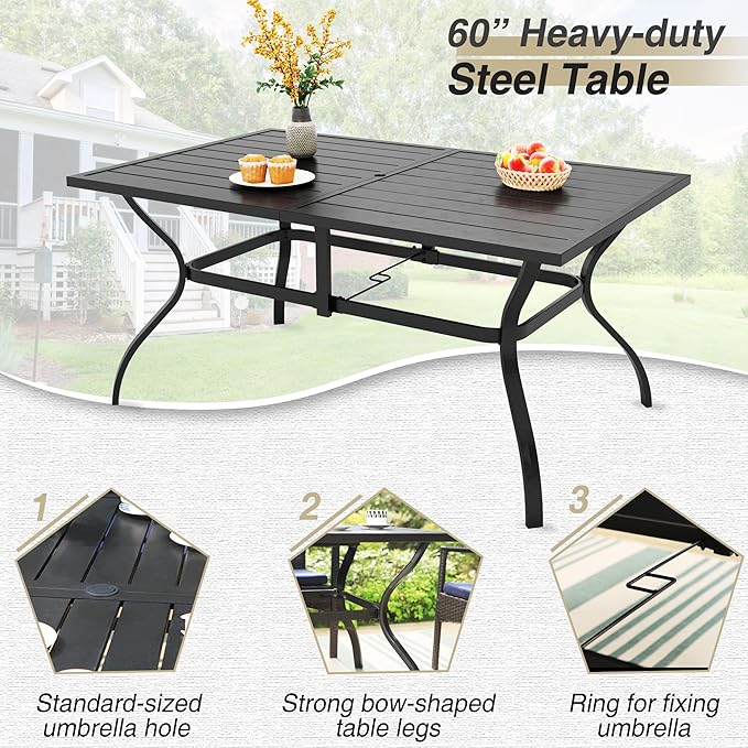 PHI VILLA 7 Piece Patio Dining Set with Umbrella, 60” Rectangular Metal Dining Table & 6 Stackable Metal Chairs & 13ft Large Navy Umbrella for Outdoor, Deck, Yard, Porch