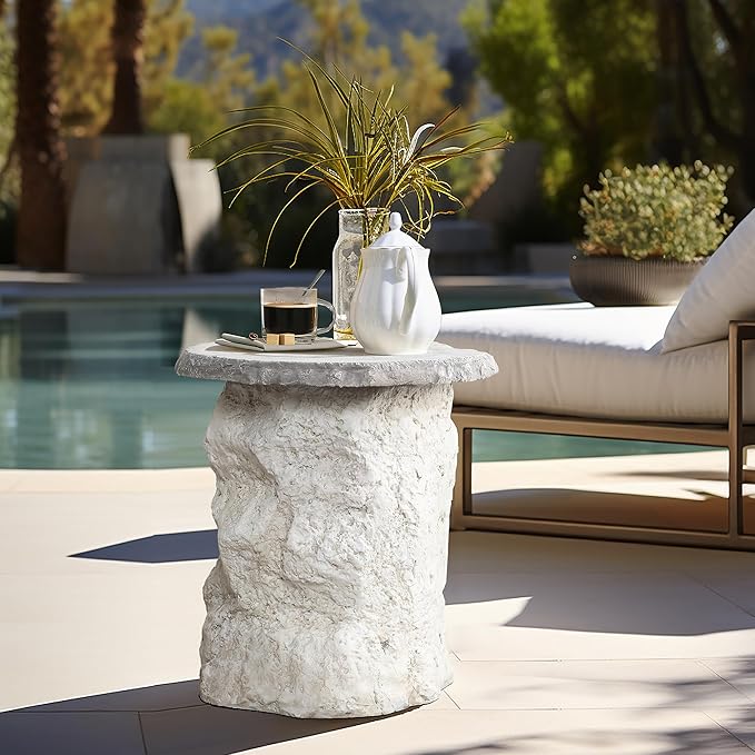 LuxenHome 18.7" Outdoor Side Tables for Patio, Off White Outdoor Accent Table, MgO Patio Side Table for Porch, Poolside, Backyard, Small Concrete End Tables for Outside, Drum Table, Plant Stand