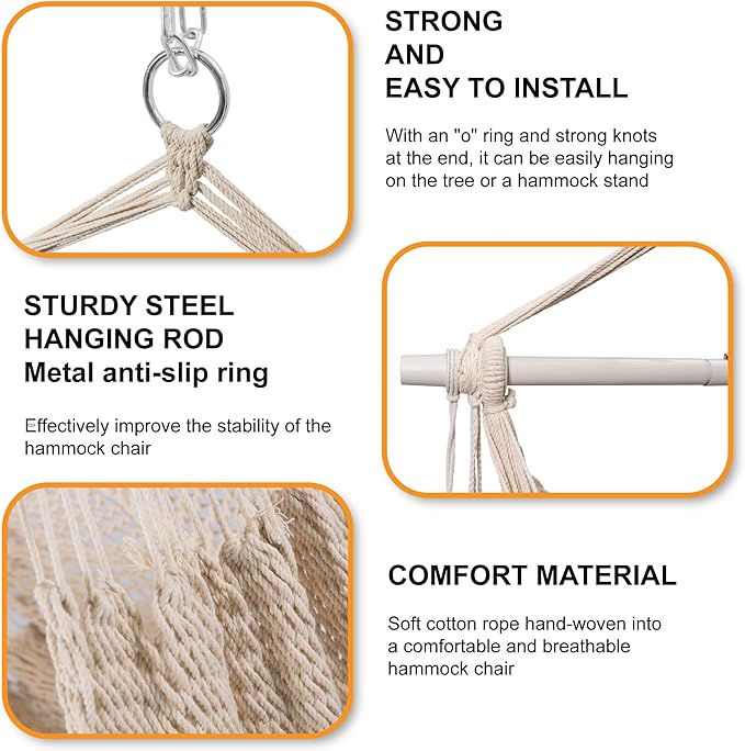 Lazy Daze Hammocks Chair Caribbean Hanging Rope Swing Chair, 40" Removable Steel Spreader Bar with Anti-Slip Rings, Soft-Spun Cotton Rope for Indoor/Outdoor Backyard & Living Room, Max 500 LBS, Beige