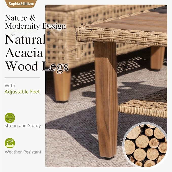 Sophia and William 5-Piece Wicker Patio Furniture Set, L-Shaped Outdoor Sectional Sofas with Ottoman and Acacia Wood Coffee Table, Rattan Conversation Set wtih Cushions, Beige