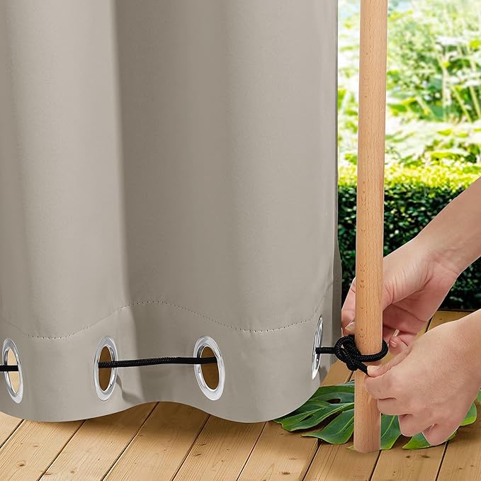 NICETOWN 2 Panels Outdoor Curtains for Patio Extra Wide 84", Waterproof & Windproof Grommet & Back Tab Fixed Top and Bottom Sun Blocking Privacy Drapes with Rope for Gazebo, Natural, W84 x L108