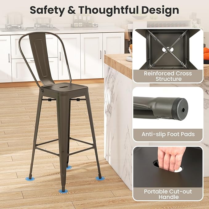 COSTWAY Metal Bar stools Set of 4, with Removable Back, 30'' Bar Height Stools with Rubber Feet, Stylish and Modern Chairs, for Kitchen, Dining Rooms, and Side Bar (Gun-Update, 30'')