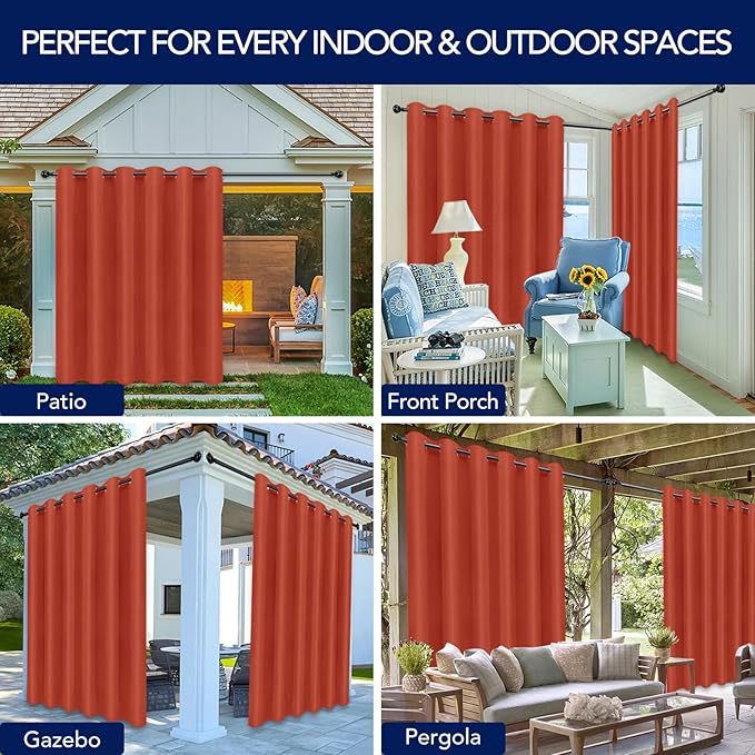 PureFit Outdoor Curtains for Patio Waterproof Weatherproof, UV and Fade Resistant Outside Curtains for Gazebo, Front Porch, Pergola, Sun Blocking Privacy Curtain, 100W x 84L inch, 1 Panel, Red Clay