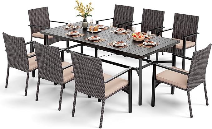 PHI VILLA 9 Pieces Outdoor Dining Set for 8, 83" Long Rectangle Wrought Iron Table with Umbrella Hole & Cushioned Wicker Chairs, Large Furniture for Patio, Deck, Backyard, Porch