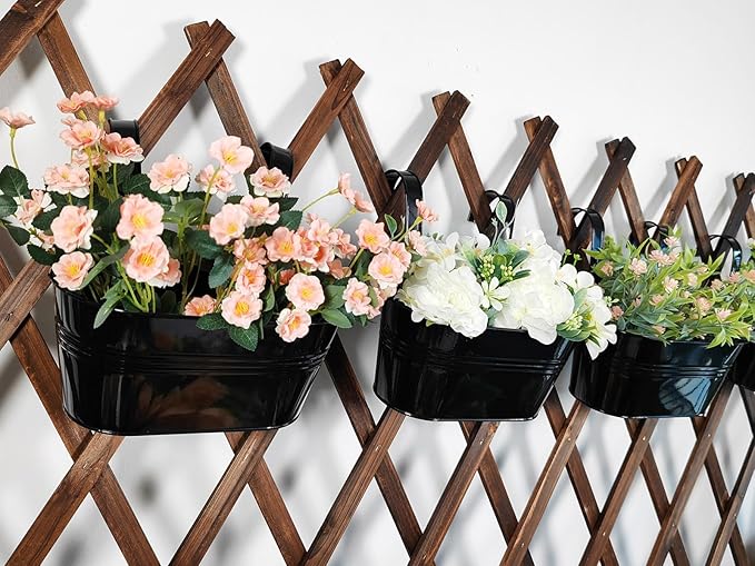 8 Pack Metal Hanging Planter for Outdoor Plants, 10 Inch Black Fence Planters Railing Pots for Garden Patio Balcony Decor, Flower Bucket with Detachable Hooks (Black, 8Pcs)