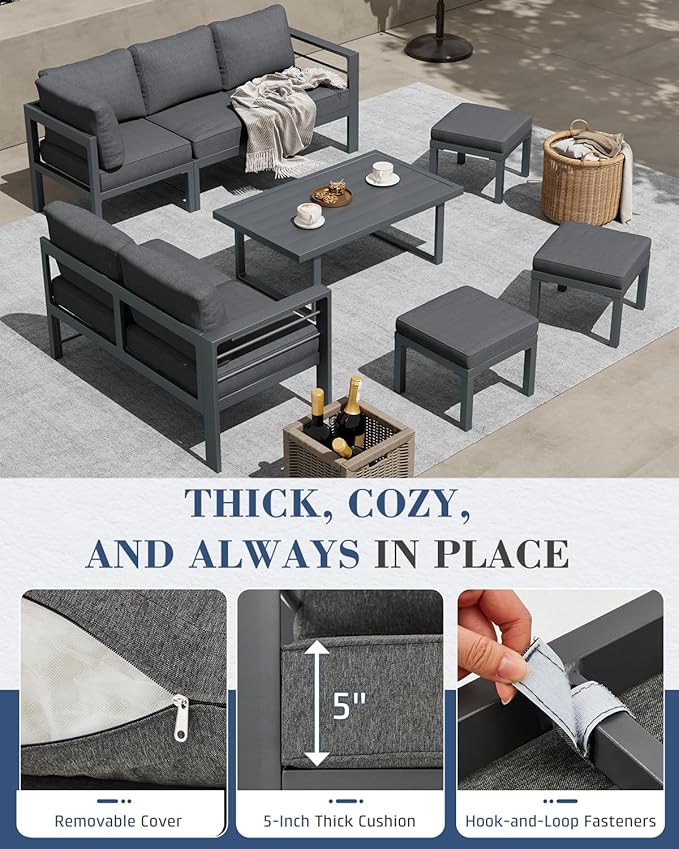 AECOJOY Aluminum Patio Furniture Set, 8 Seats Modern Outdoor Furniture with Adjustable Table, 7 Pieces Metal Conversation Sectional Sofa, Dark Gray