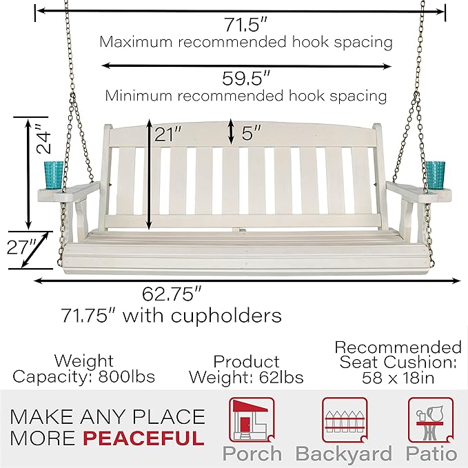 Amish Casual Heavy Duty 800 Lb Mission Treated Porch Swing with Hanging Chains and Cupholders (5 Foot, Semi-Solid White Stain)