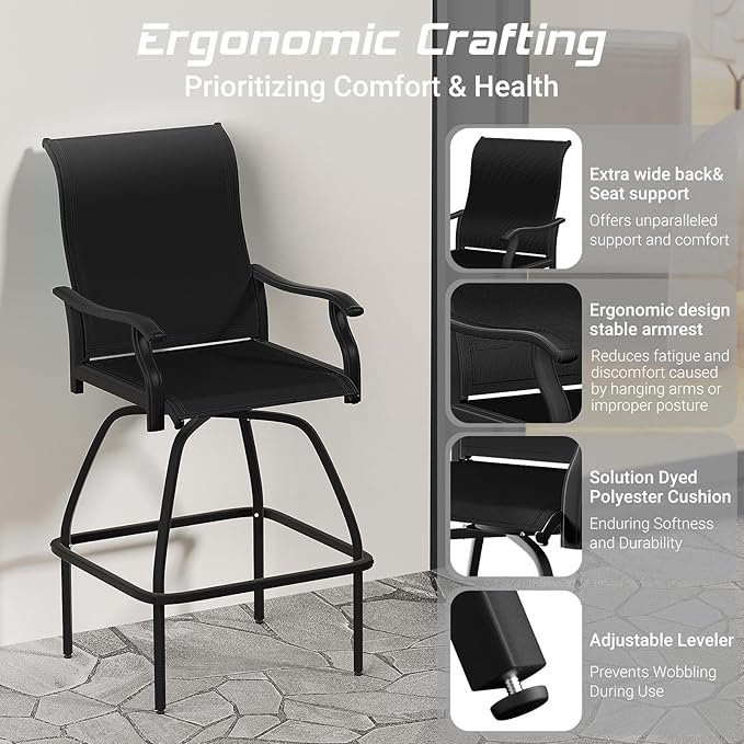 LEVELEVE Patio Bar Set 4pcs Swivel Bar Stools Outdoor Bistro Textilene Furniture Stability All-Weather Set (Black Fabric)