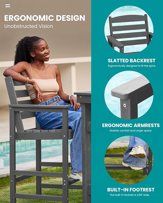 SERWALL Tall Adirondack Chairs Set of 2, Oversize Balcony Adirondack Chairs Set, Outdoor Bar Height Barstools Widened Chair Set for Bistro, Poolside, Garden, Gray